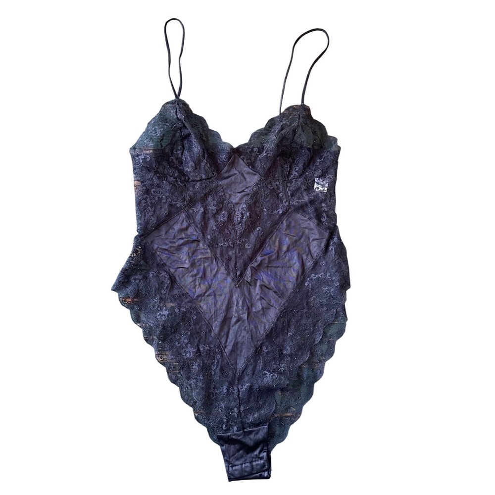 Kayser‎ Black Lace Satin goth Bodysuit Made in USA Size 34 Lingerie Teddy vtg